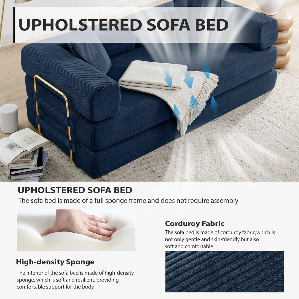 4-in-1 Folding Convertible Sofa Bed, 78 Inch Boneless Couch with Fixed-Shape Frame, Corduroy Loveseat Sleeper with Pull Out Bed, Floor Sofa Modular Futon Couch for Living Room Bedroom Lounge (Blue)