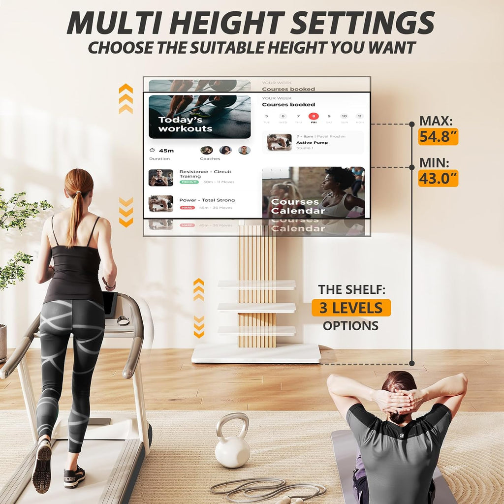 TVON Heavy Duty Floor TV Stand for 55-90 inch Large TVs up to 150 lbs, Tall TV Stand with Height Adjustable Mount, Universal TV Mount Stand with Large Storage Shelf and Wooden Base, White and Oak