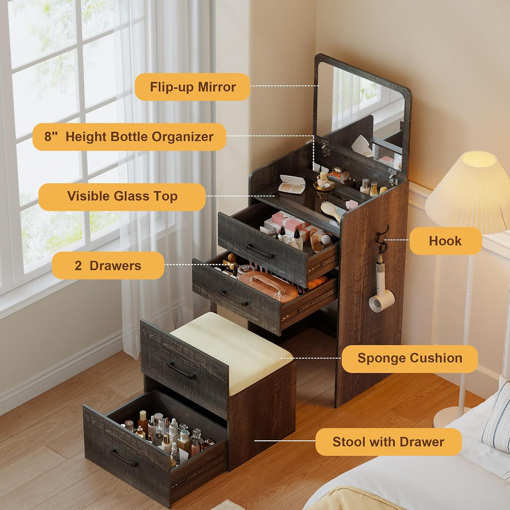 Lvifur Small 3-in-1 Vanity Desk with Mirror, Compact Makeup Table w/Cushioned Stool, Modern Grils' Dressing Table Vanity Set for Bedroom (Dark Rustic Oak)