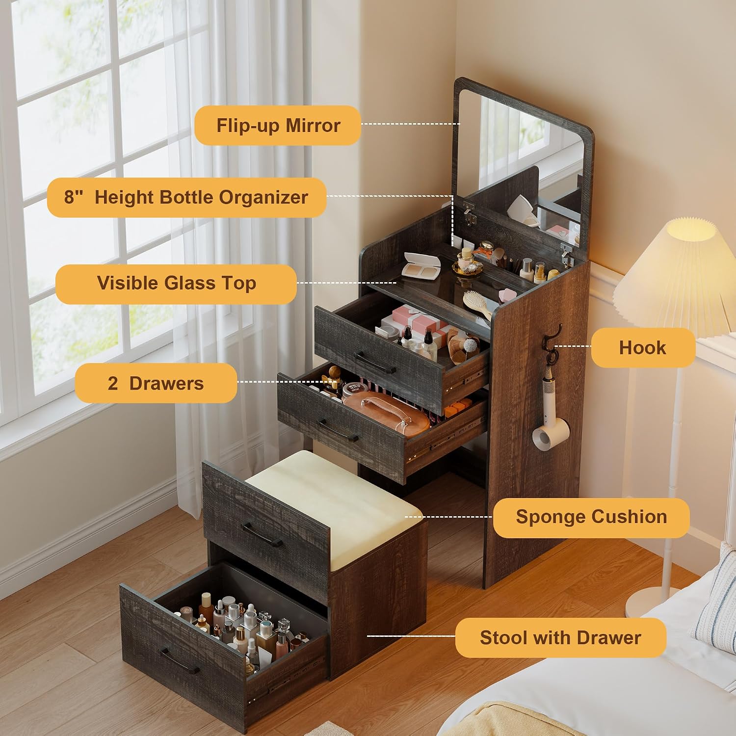 3 in 1 Make Vanity Desk with Flip Top Mirror,Glass Top Makeup Vanity Table with Cushioned Stool,Small Dressing Table with 3 Drawers,Compact Vanity Set for Apartment,Dormitory(Brown)