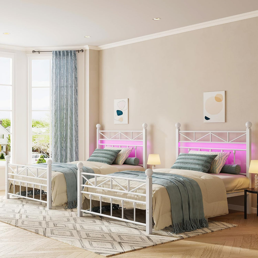 EnHomee 14.2' Metal Twin Bed Frames with Tall Headboard & Footboard, LED Light Twin Bed Frame, Strong Metal Slats Support and Noise-Free Design with Under Bed Storage/No Box Spring Needed/White