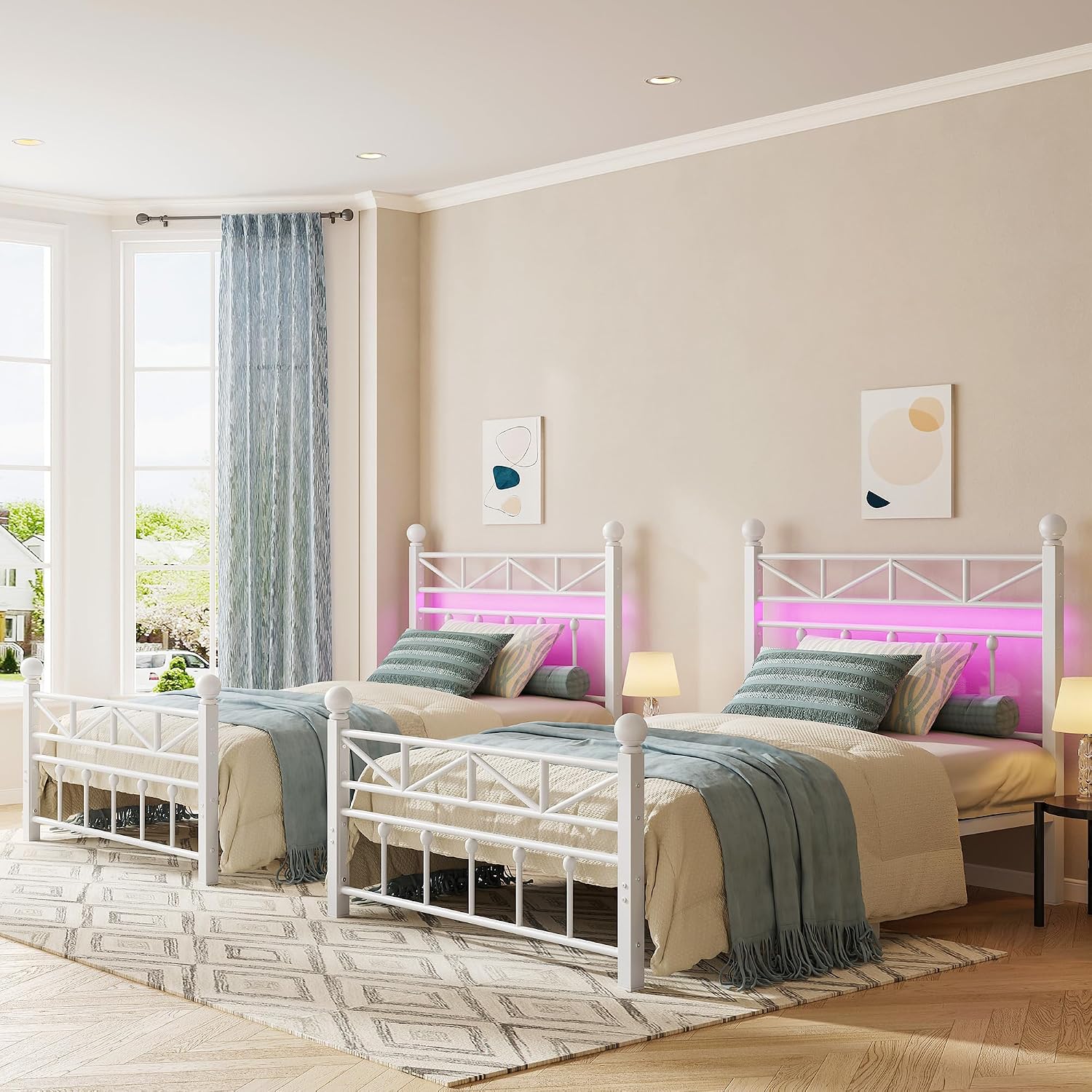 EnHomee 14.2' Metal Twin Bed Frames with Tall Headboard & Footboard, LED Light Twin Bed Frame, Strong Metal Slats Support and Noise-Free Design with Under Bed Storage/No Box Spring Needed/White