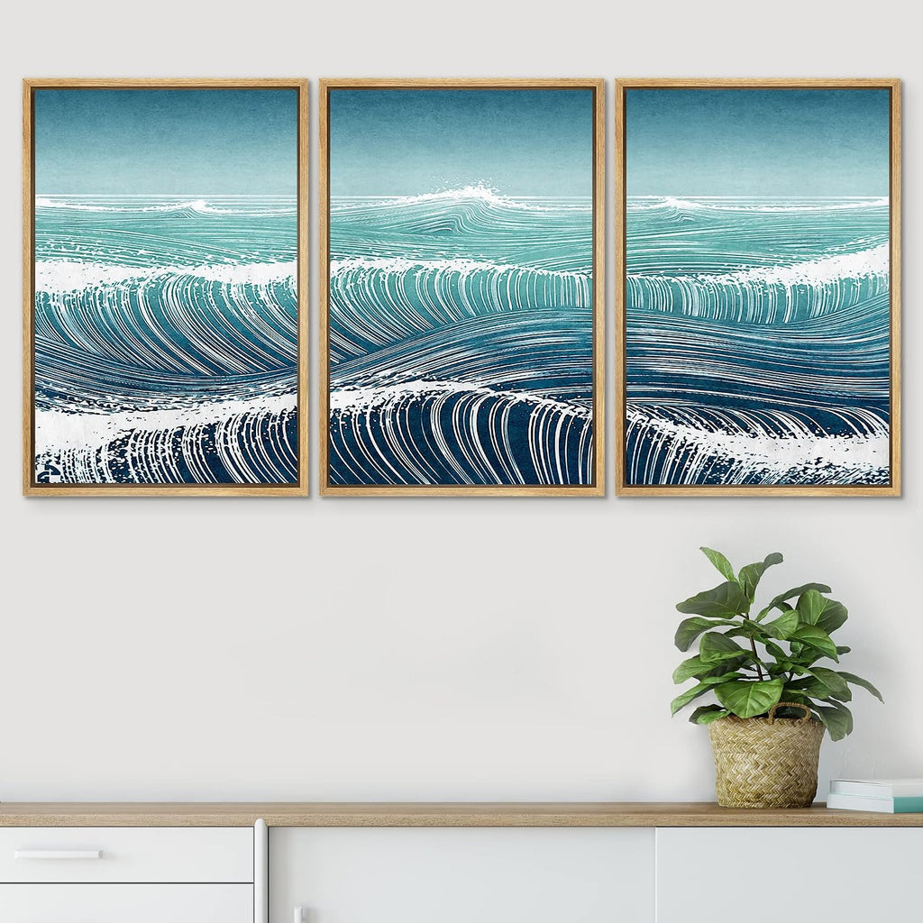 SIGNWIN Framed Canvas Print Wall Art Set Teal Blue Duotone Ocean Wave Sea Nature Wilderness Illustrations Modern Art Decorative Scenic Rustic Zen for Living Room, Bedroom, Office - 16'x24'x3 Natural