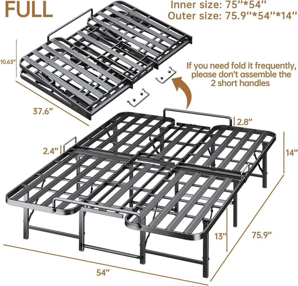 Foldable Full Size Bed Frame, Folding Bed Frame Full, 14 Inch Full Metal Bed Frame, Heavy Duty Steel Platform Bed, Tool-Free Setup Mattress Foundation, Noise-Free Support, No Box Spring, Black