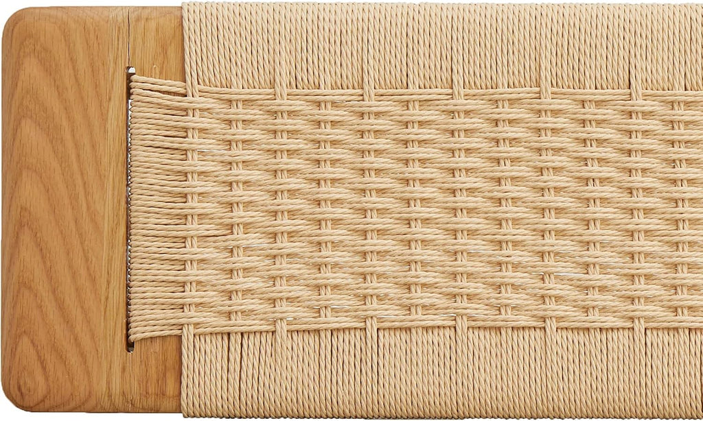 100% Solid Oak Wood Dining Bench, Hand Woven Dining Bench with Trapezoid Leg, Boho Otoman Footrest for Living Room Kitchen Entryway
