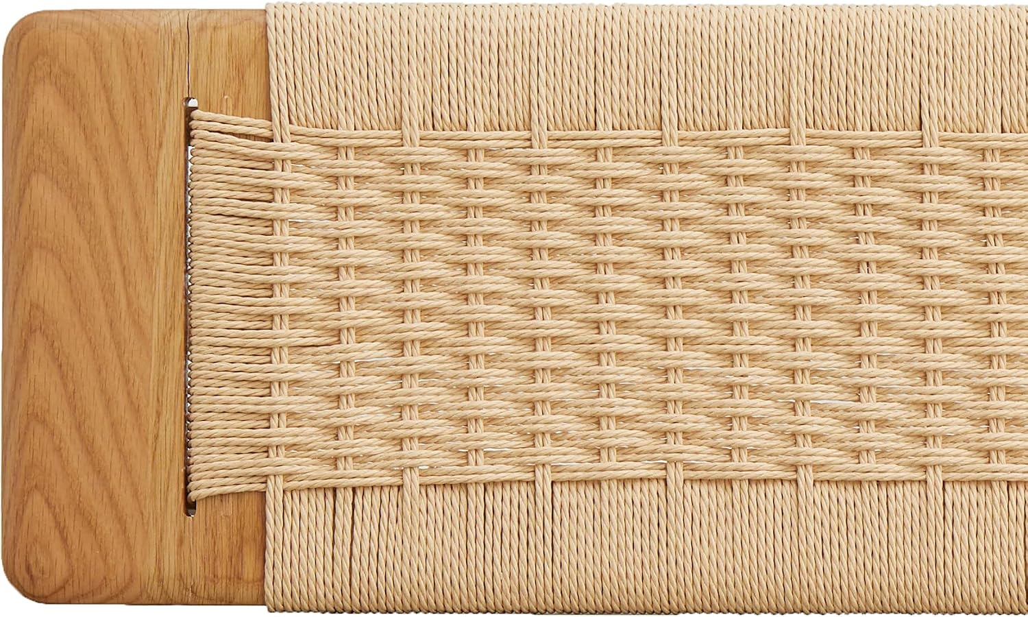 100% Solid Oak Wood Dining Bench, Hand Woven Dining Bench with Trapezoid Leg, Boho Otoman Footrest for Living Room Kitchen Entryway