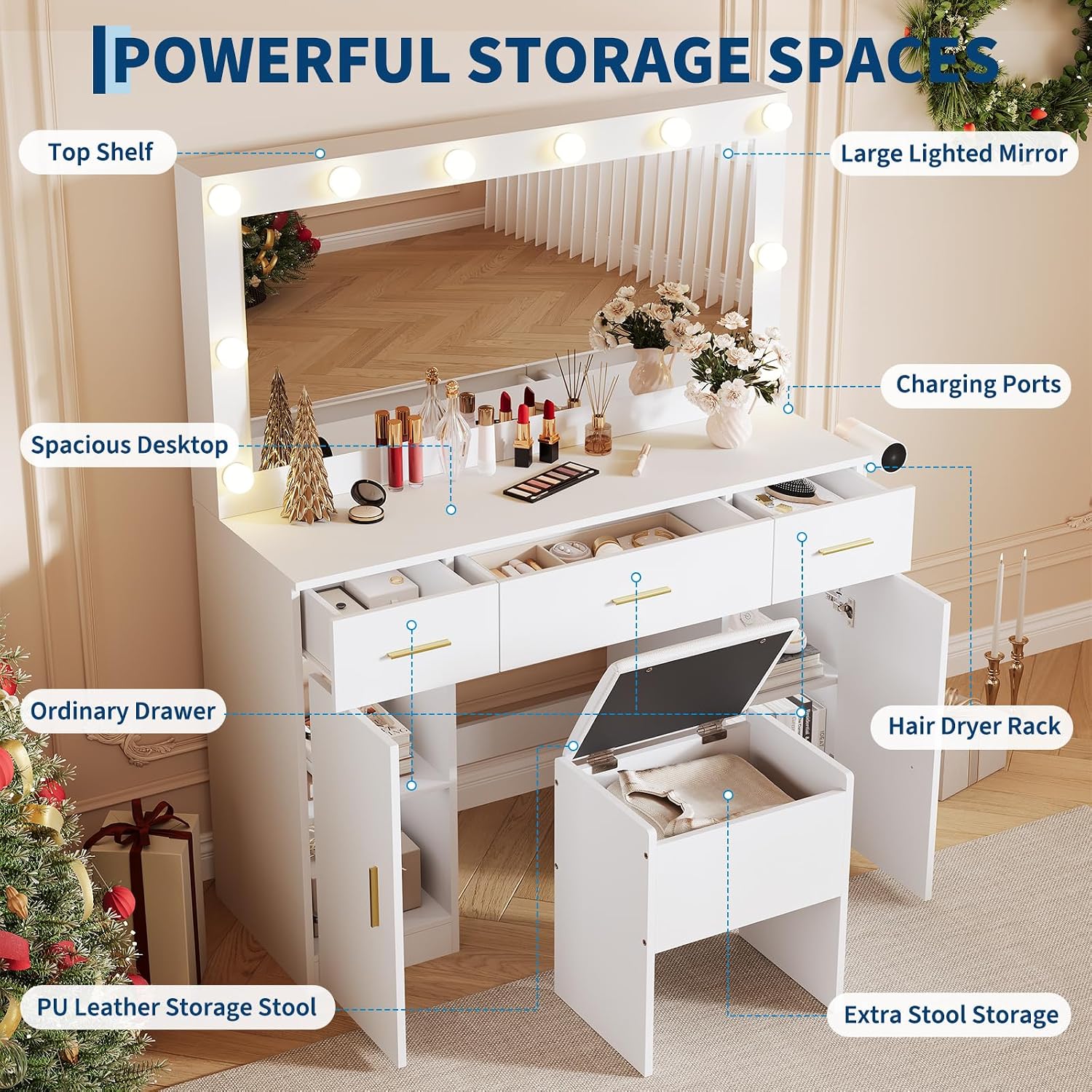 IDEALHOUSE Makeup Vanity Desk with Mirror and Lights, Modern White Vanity Table with Drawers, Charging Station & Storage Stool, Wood Make Up Vanity Set for Bedroom Apartment