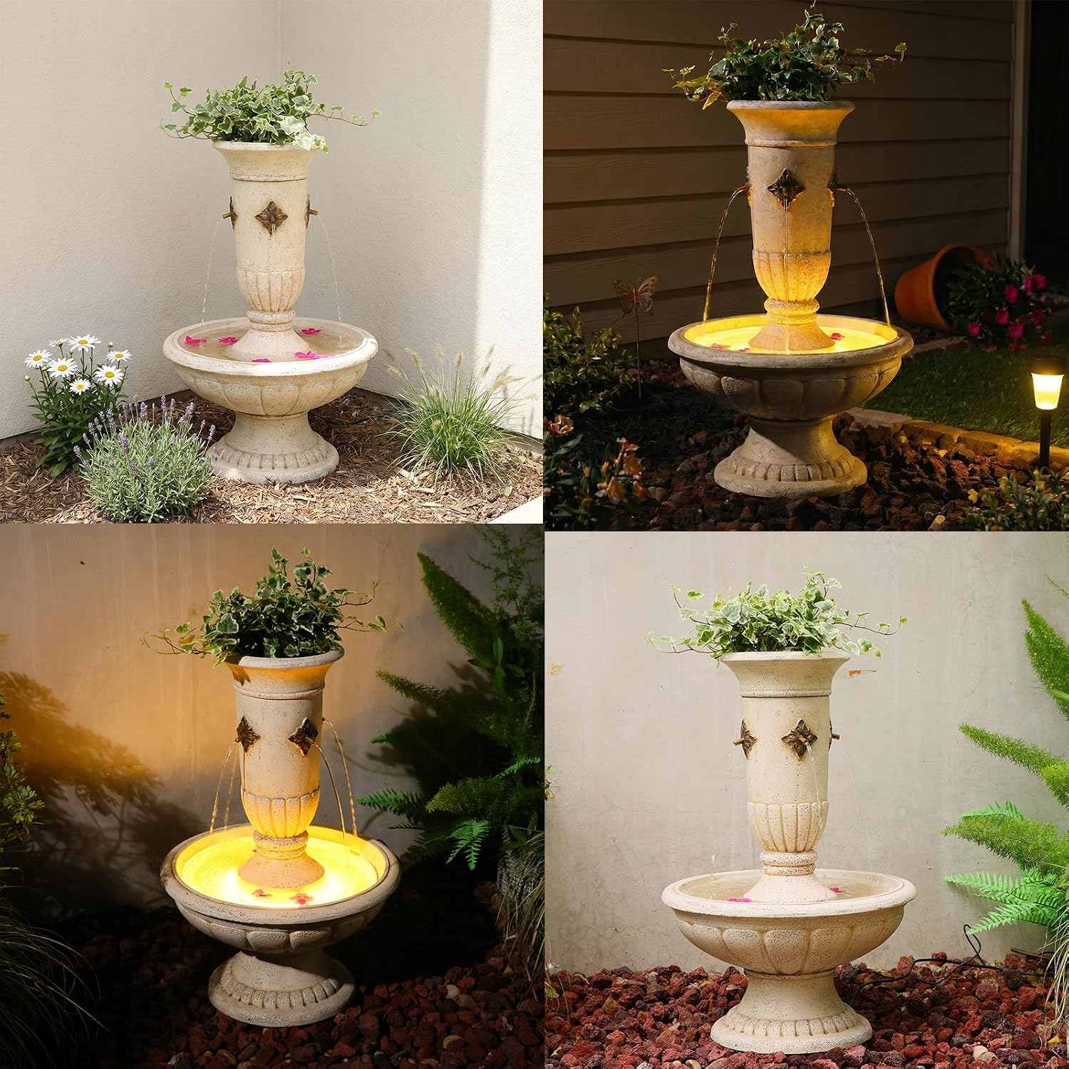 Bumilgar Outdoor Wall Fountain with LED Lights, 25.39' H Freestanding Garden Water Fountain, Large Floor Standing Patio Waterfall Feature, European Resin Flat Back Yard Courtyard Porch Décor