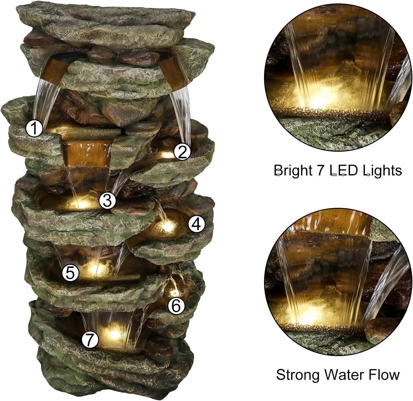 Naturefalls 59inches Outdoor Rock Water Fountain with LED Lights - Multi-Tiers Poly-Resin Cascading Waterfall Fountain for Garden, Patio, Yard, Home Decor