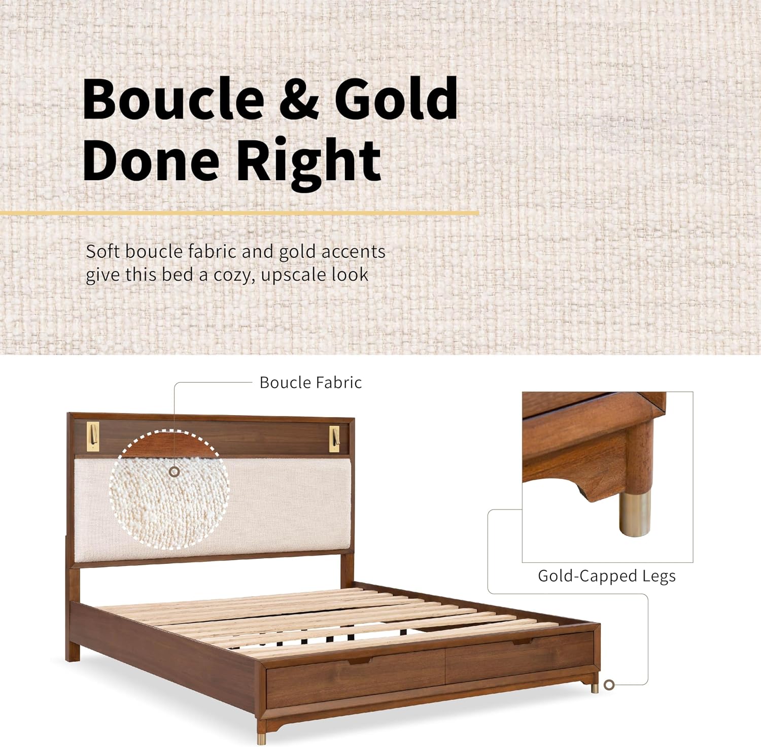 Furniture of America Forma Mid-Century Modern Solid Wood 2-Piece Bedroom Collection, Storage Bed Frame with LED Reading Light and Nightstand with Power Ports, No Box Spring Needed, Walnut, Queen