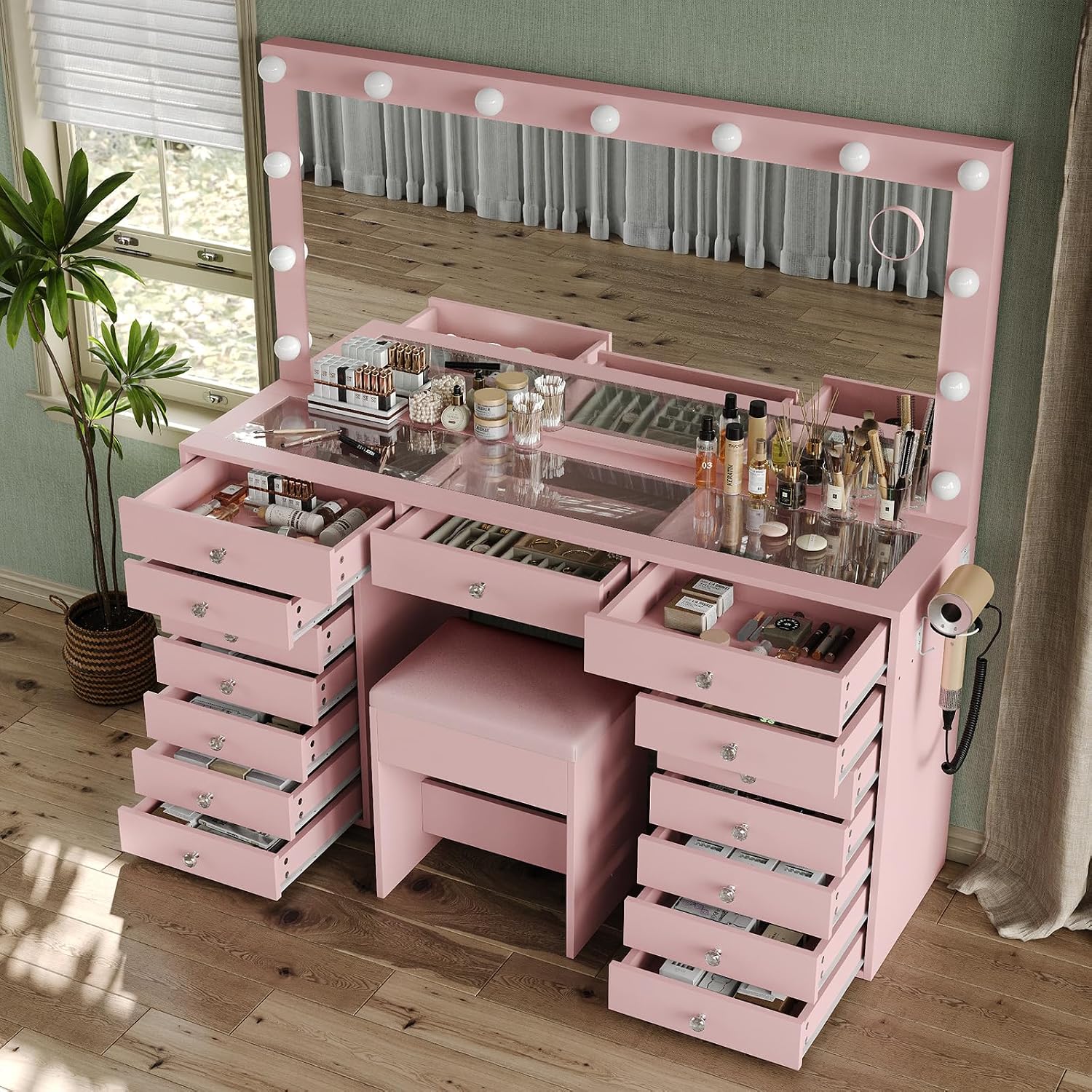 FUSOU 55' W Vanity Desk with Mirror and Lights, 15 Drawers Makeup Vanity with Charging Station, 3 Lighting Modes, Brightness Adjustable, Glass Top Makeup Vanity Desk with Chair for Bedroom, Pink