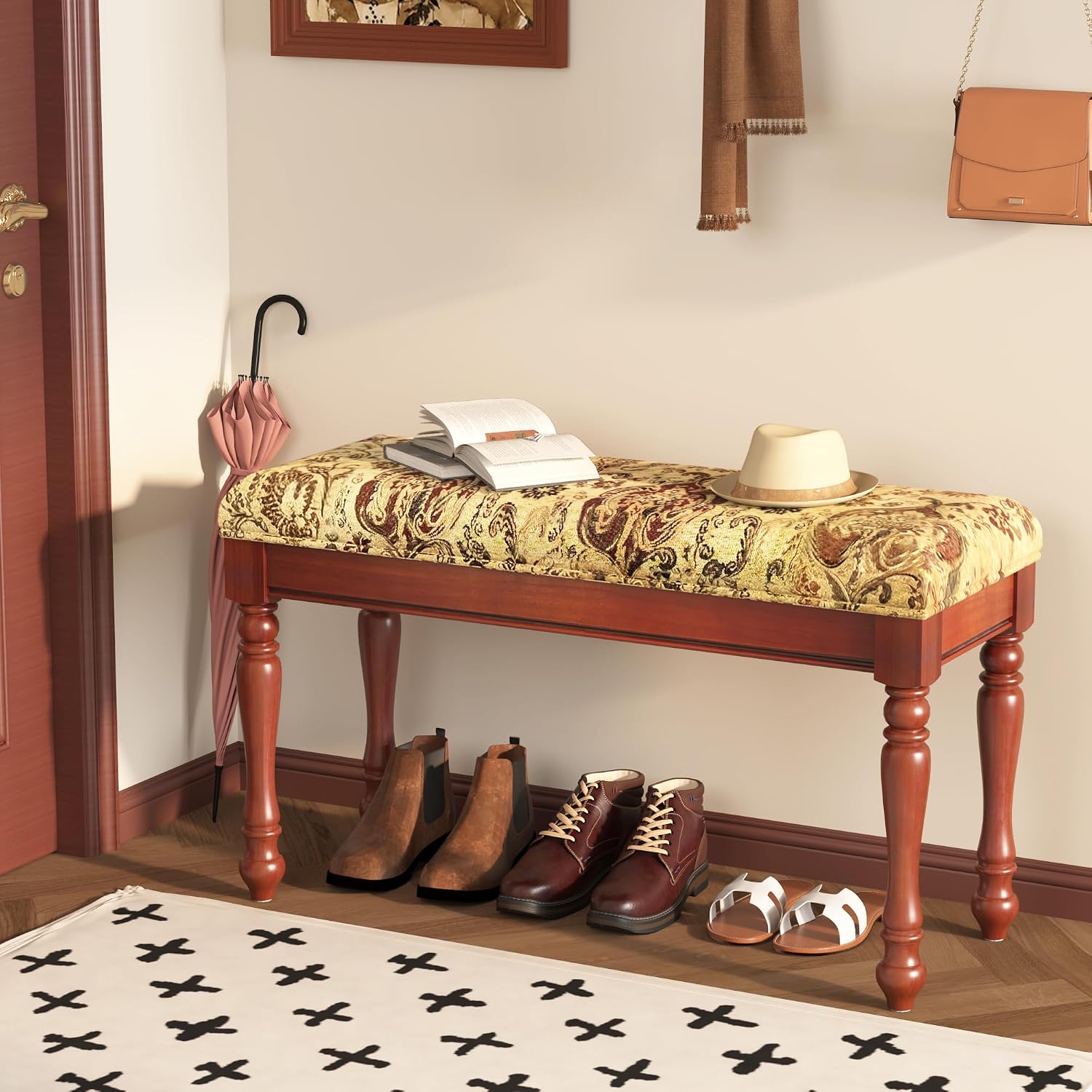 31.5' Linen Bedroom Bench - Upholstered Bench for Bedroom End of Bed, Entryway Bench with Solid Wood Legs, Makeup Vanity Stool,Cherry Red -11.8'D x 31.5'W x 18.1'H