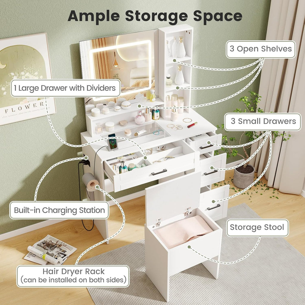 CHARMAID Vanity Desk with Mirror and Lights, Glass Top Makeup Vanity Table with Charging Station, Drawers & Shelves, Storage Stool, 3-Color Lighted Mirror, Modern White Dressing Table for Bedroom