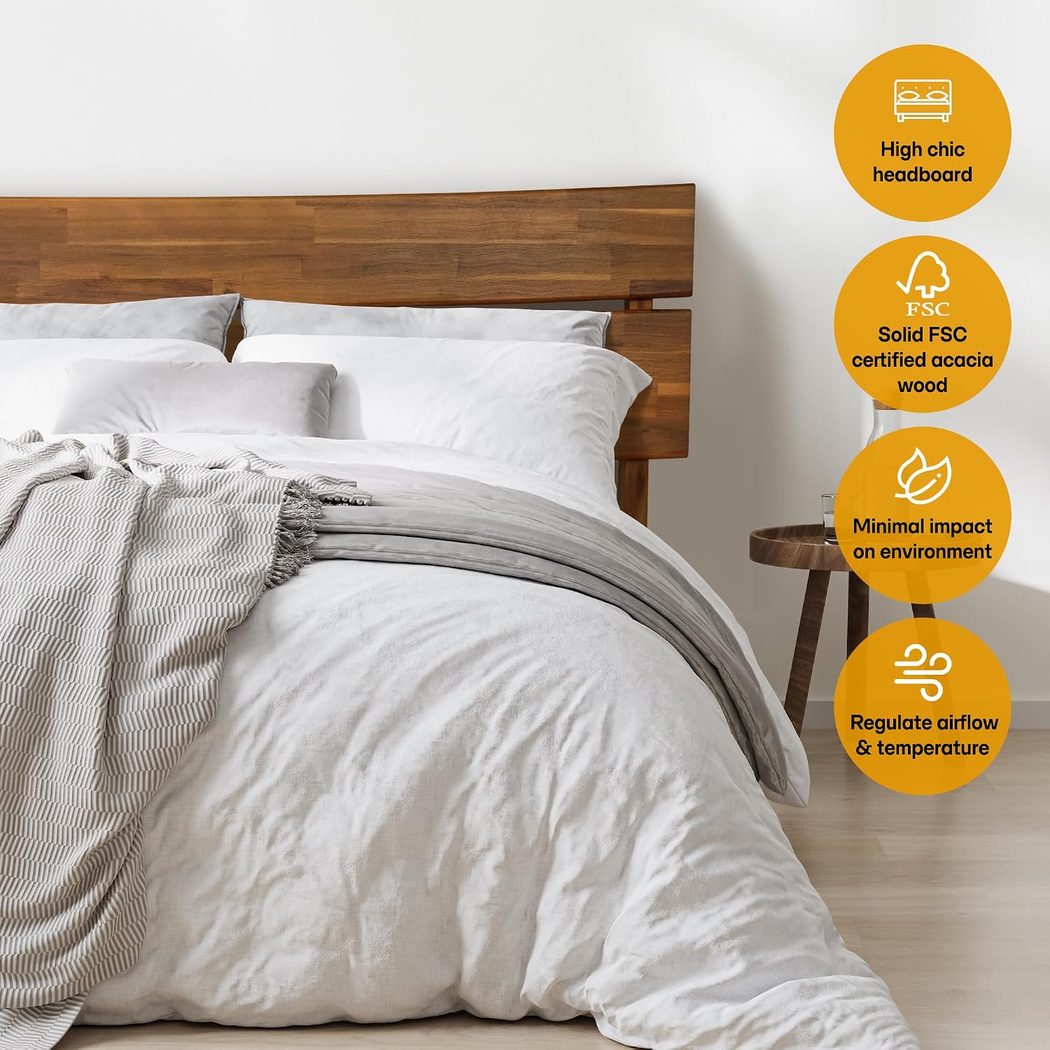 Acacia Aurora Bed Frame with Headboard 100% Solid Wood Platform Bed, Scandinavian Bed Style with All Mattresses, Non-Slip and Noise-Free, 30 Mins Assembly, Queen Size Bed Frame Caramel