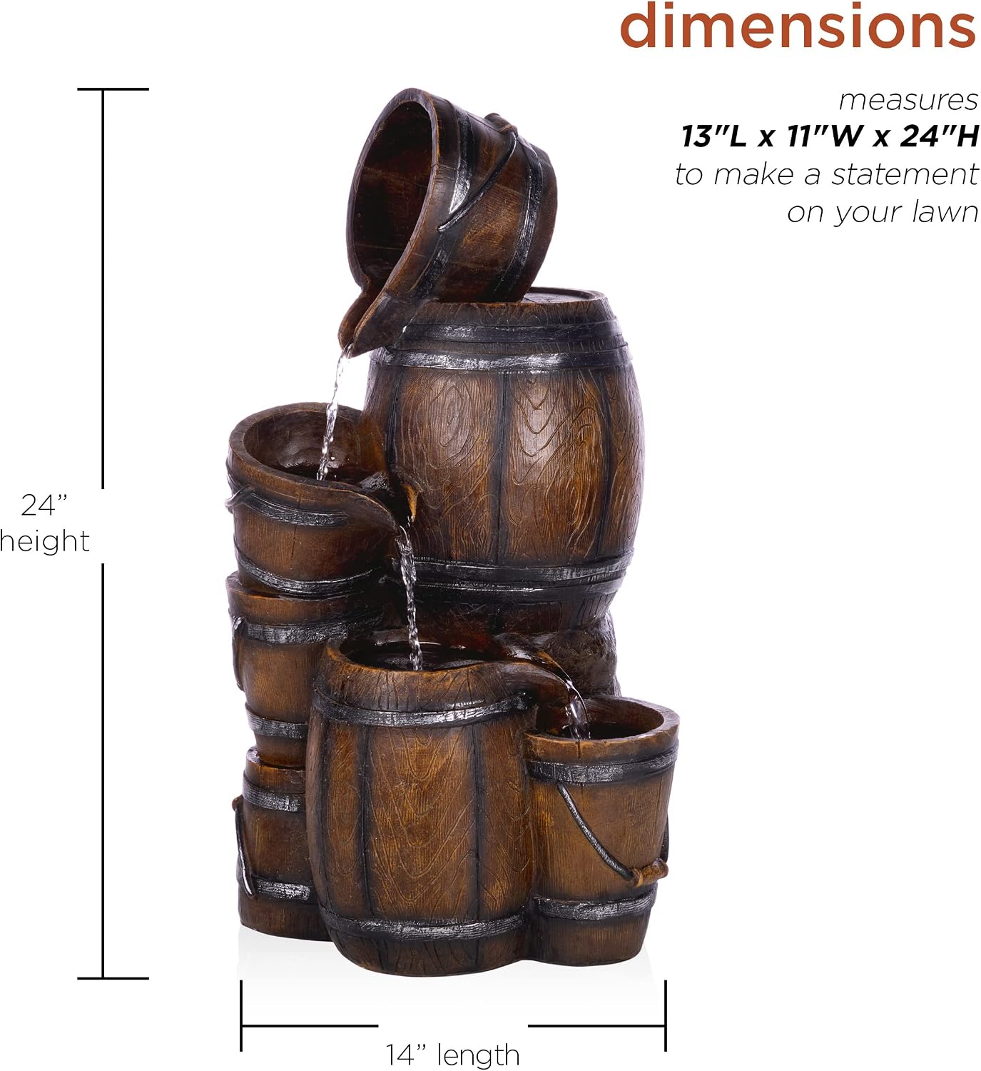 Alpine Corporation ZEN409S Outdoor Rustic 4-Tiered Barrels and Buckets Water Floor Fountain - Farmhouse Style, 24 Inch Tall, Brown