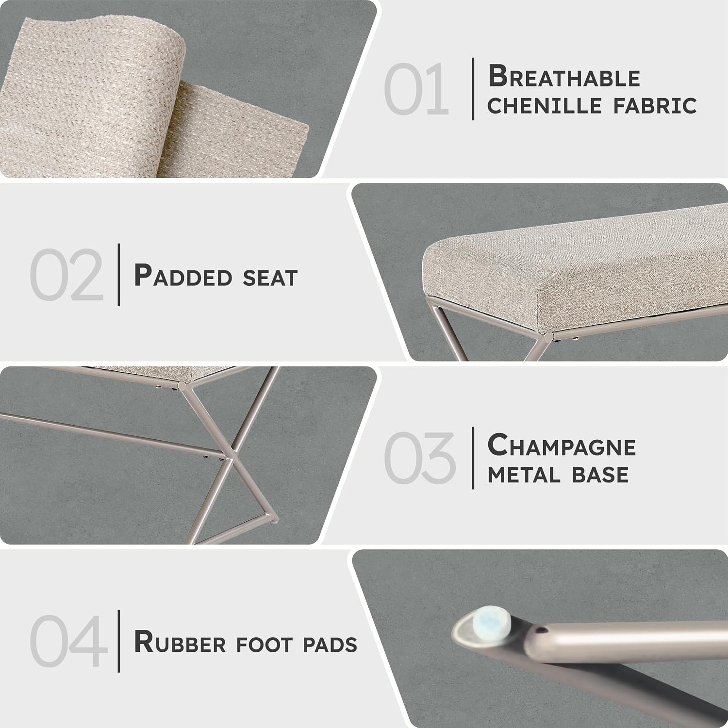 Lexicon Modern Upholstered Entryway Bench, Chenille Fabric Cushion Seat with Foam Padding and Champagne Iron Frame, Accent Bench for Bedroom/Hallway/Living Room, Taupe
