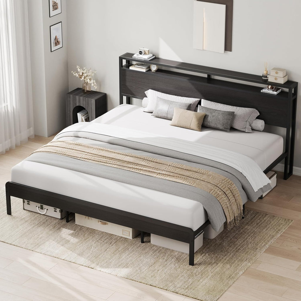 LIKIMIO King Bed Frame with Headboard, Dark Wood Camas King with Strong Supports, Sturdy, Noise-Free, No Box Spring Needed, Classic Black