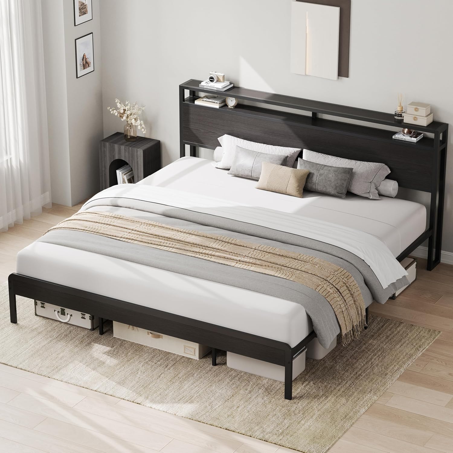 LIKIMIO King Bed Frame with Headboard, Dark Wood Camas King with Strong Supports, Sturdy, Noise-Free, No Box Spring Needed, Classic Black