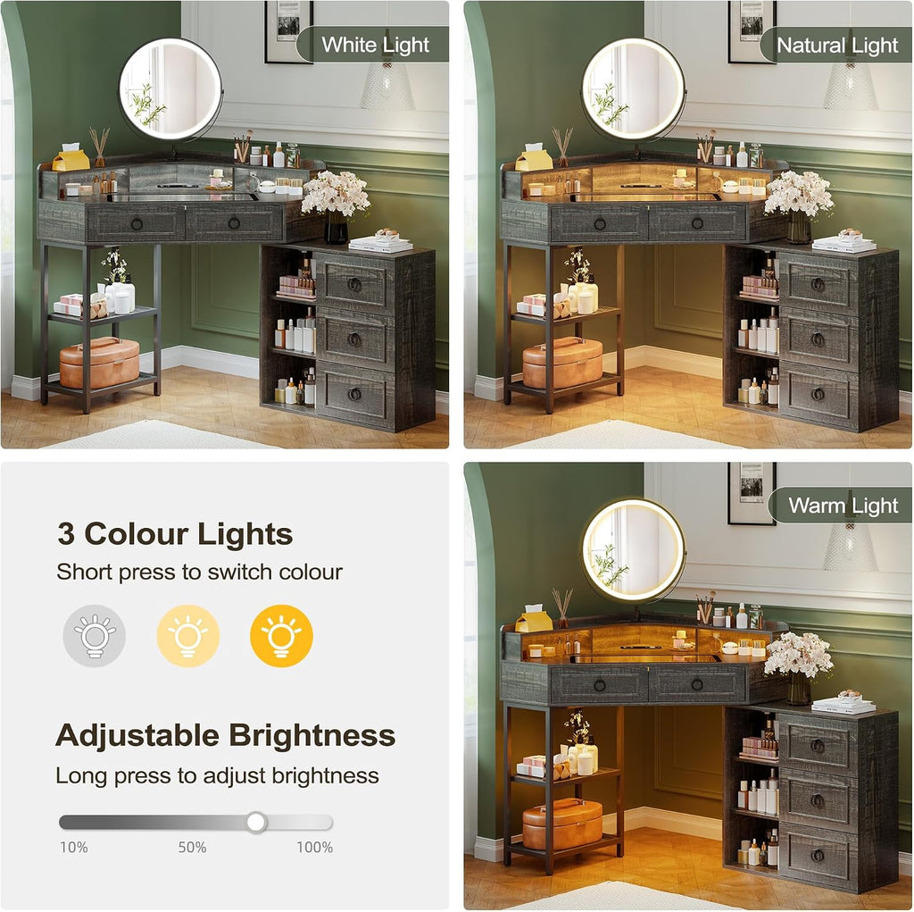Lvifur Corner Vanity Desk with Mirror and Lights,Brown Corner Makeup Vanity with Charging Station, 3 Color Led Light Settings, 5 Drawers, and Open Shelves for Bedroom, Women, and Girls