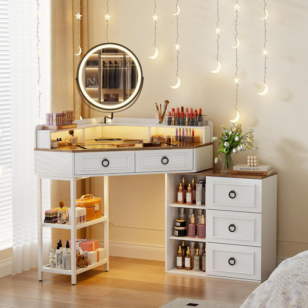 Corner Vanity Desk with Rotating Mirror and LED Lights,Makeup Table Set with Charging Station,5 Drawers & Shelves,Modern Dressing Table with Glass Top for Bedroom, Birthday Gift(White)