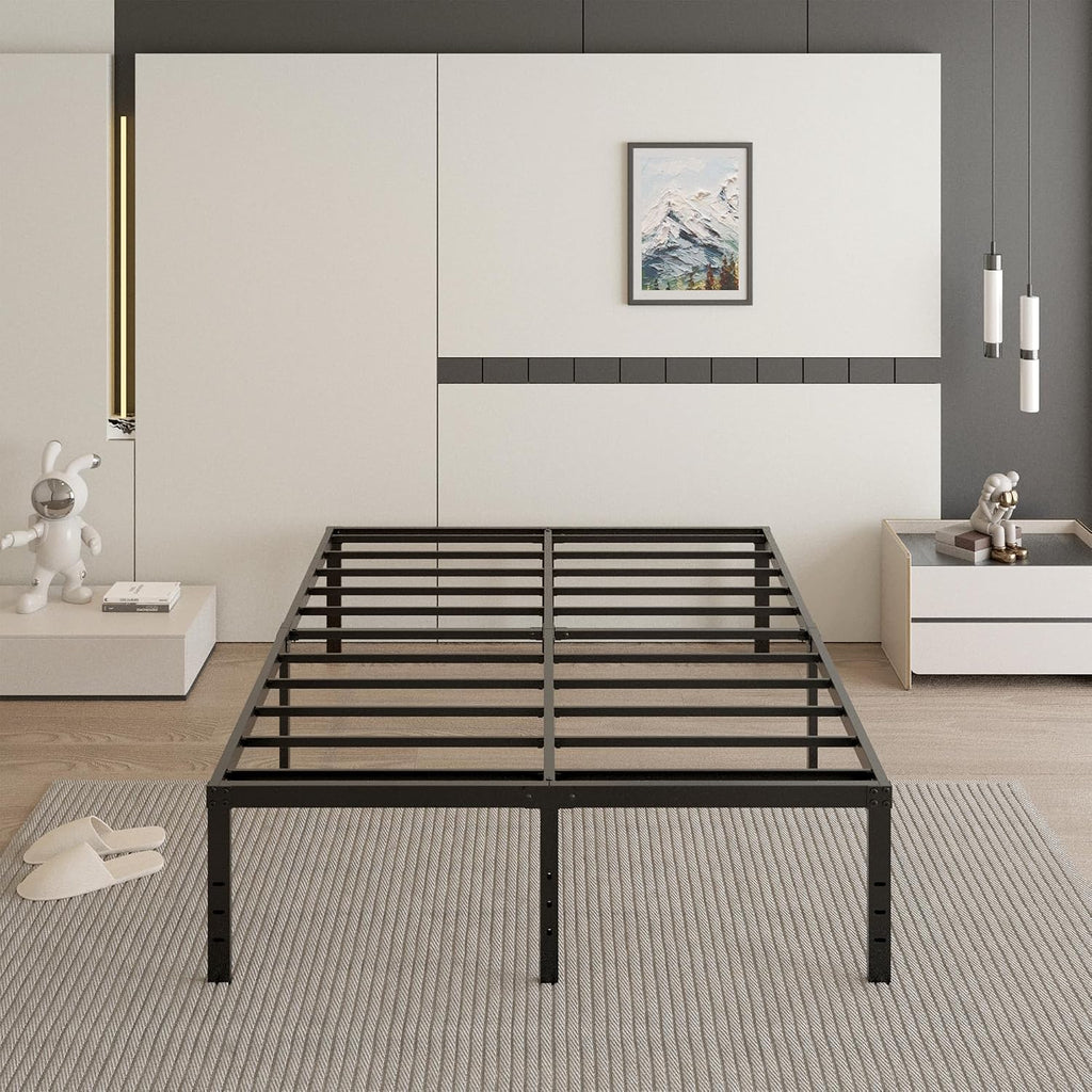 Cieemine 18 Inch Queen Bed Frame with Black Bed Cover, Metal Bed Frames Queen Size No Box Spring Needed, Heavy Duty Mattress Foundation, Easy Assembly, Noise Free