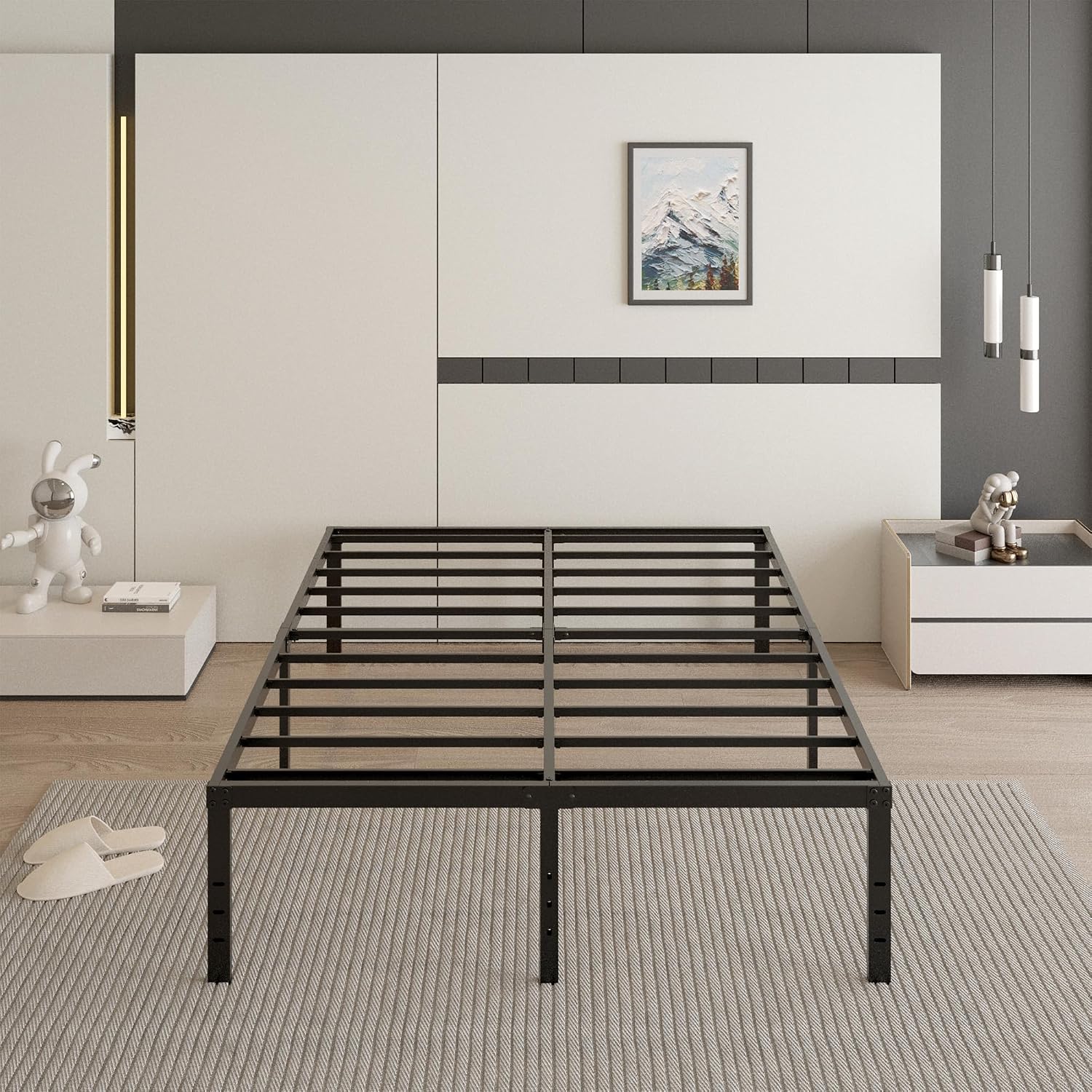Cieemine 18 Inch Queen Bed Frame with Black Bed Cover, Metal Bed Frames Queen Size No Box Spring Needed, Heavy Duty Mattress Foundation, Easy Assembly, Noise Free