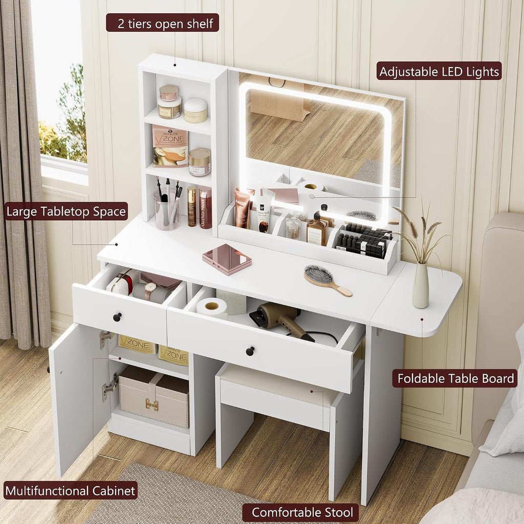 GarveeHome Makeup Vanity Desk with Mirror and Lights, Vanity Table Set with Drawer & Power Outlet & Chair & 3 Shelves, Bedroom, White