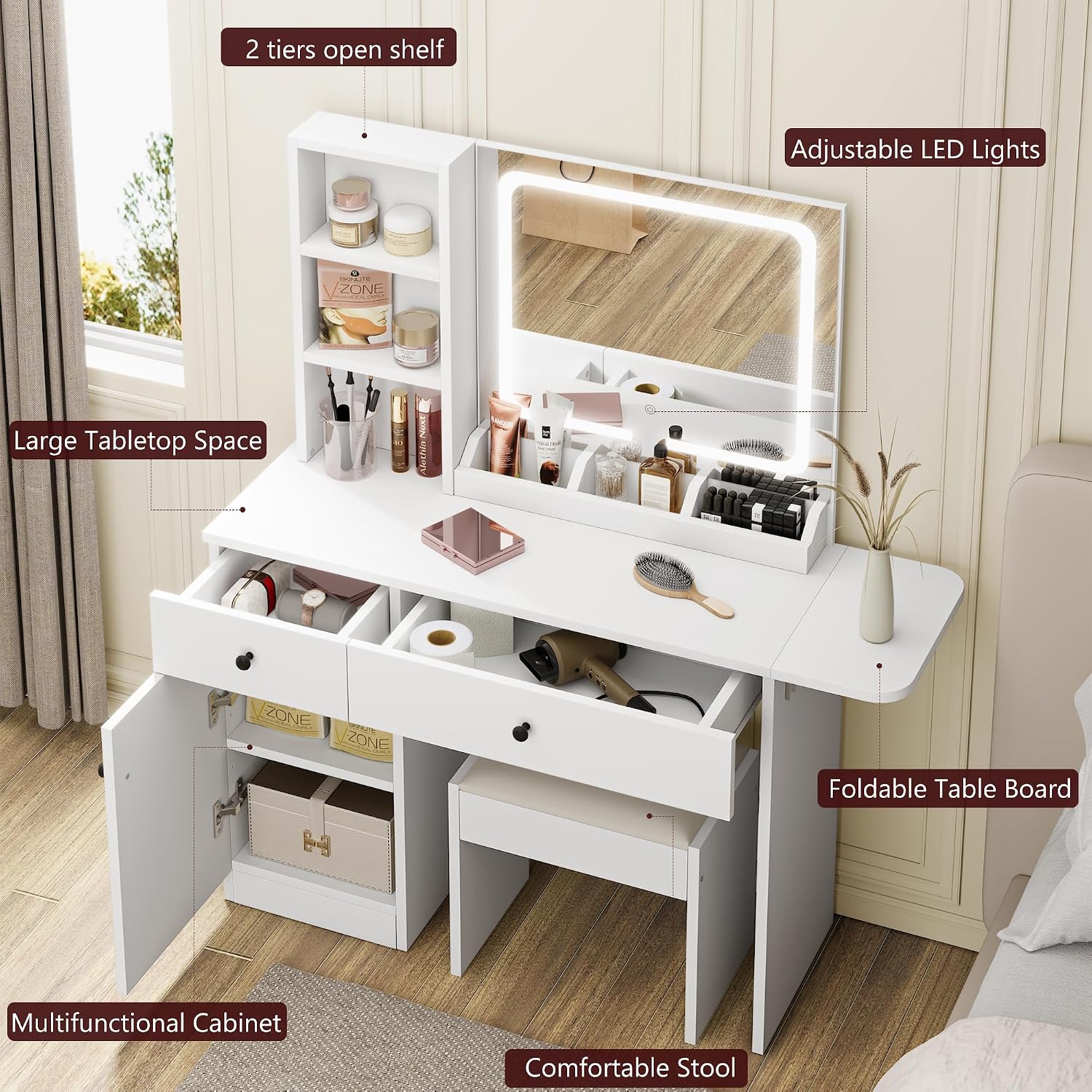 GarveeHome Makeup Vanity Desk with Mirror and Lights, Vanity Table Set with Drawer & Power Outlet & Chair & 3 Shelves, Bedroom, White