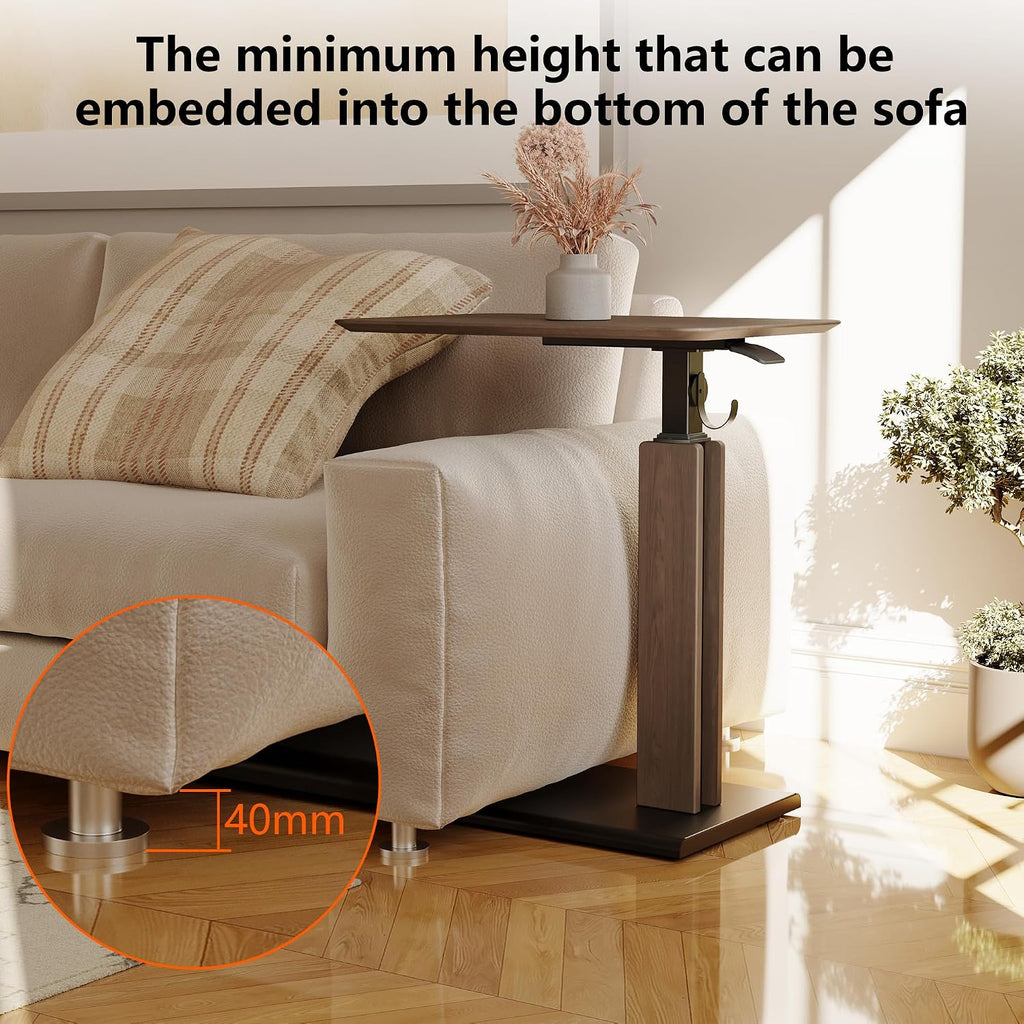 ETHU Overbed Table with Pneumatic Lift, 26.4-39.8 Inch Height Adjustable Bed Table with Magnetic Hook, Ultra-Thin Base Mobile Desk for Hospital, Home Office and Sofa Use, 44 LBS Capacity, Brown