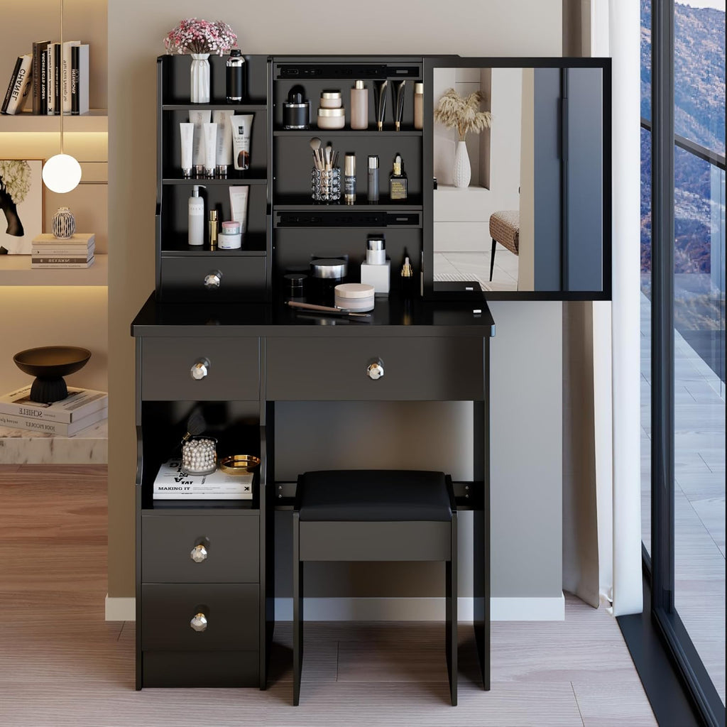29.2' Small Vanity Desk with Mirror, Makeup Table with Sliding Mirror, Dressing Table with Multi Layer Capacity Storage, Vanity Set with 5 Drawers and Stool for Small Space Bedroom, Black
