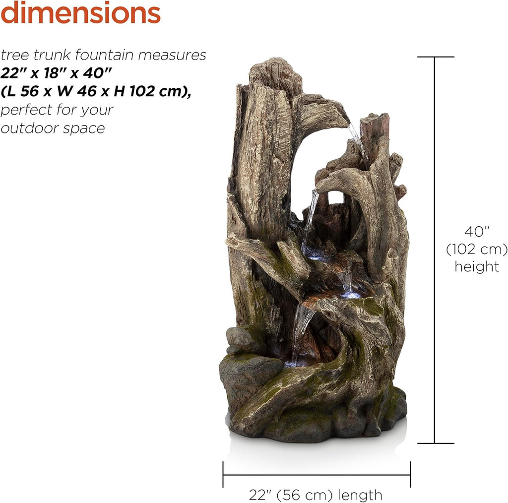 Alpine Corporation 40' Tall 4-Tier Rainforest Tree Trunk Waterfall Fountain with LED Lights, Outdoor Garden, Patio, Yard, and Porch Water Feature Decor