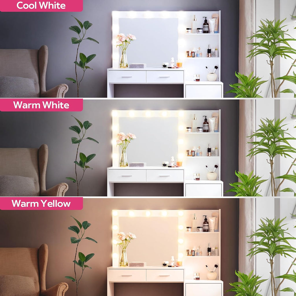 MIRROTOWEL 46.7' Vanity Desk with Mirror & LED Lights, Dressing Table with 2 Large Drawers & Vertical Organizer, 3-Tier Storage, 3 Adjustable Lighting Modes, Makeup Desk for Bedroom