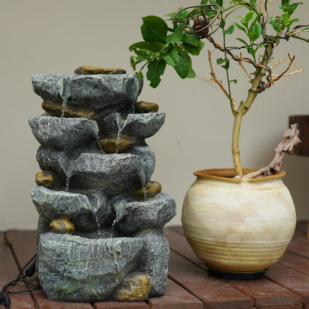 Solar Water Fountain Outdoor Garden, 19.3 Inch Cascading Stone Design 5 Tier Rock Feature Outdoor Fountains Waterfalls with Light, Pump Solar Panel for Patio, Deck, Porch, Backyard Home Décor