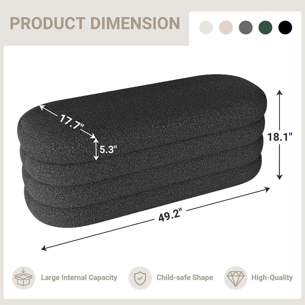 Busaurus Storage Ottoman Bench 49.2 Inch Upholstered Fabric Storage Bench for Bedroom End of Bed Aesthetic Large Oval Ottoman for Living Room Entryway (Black)