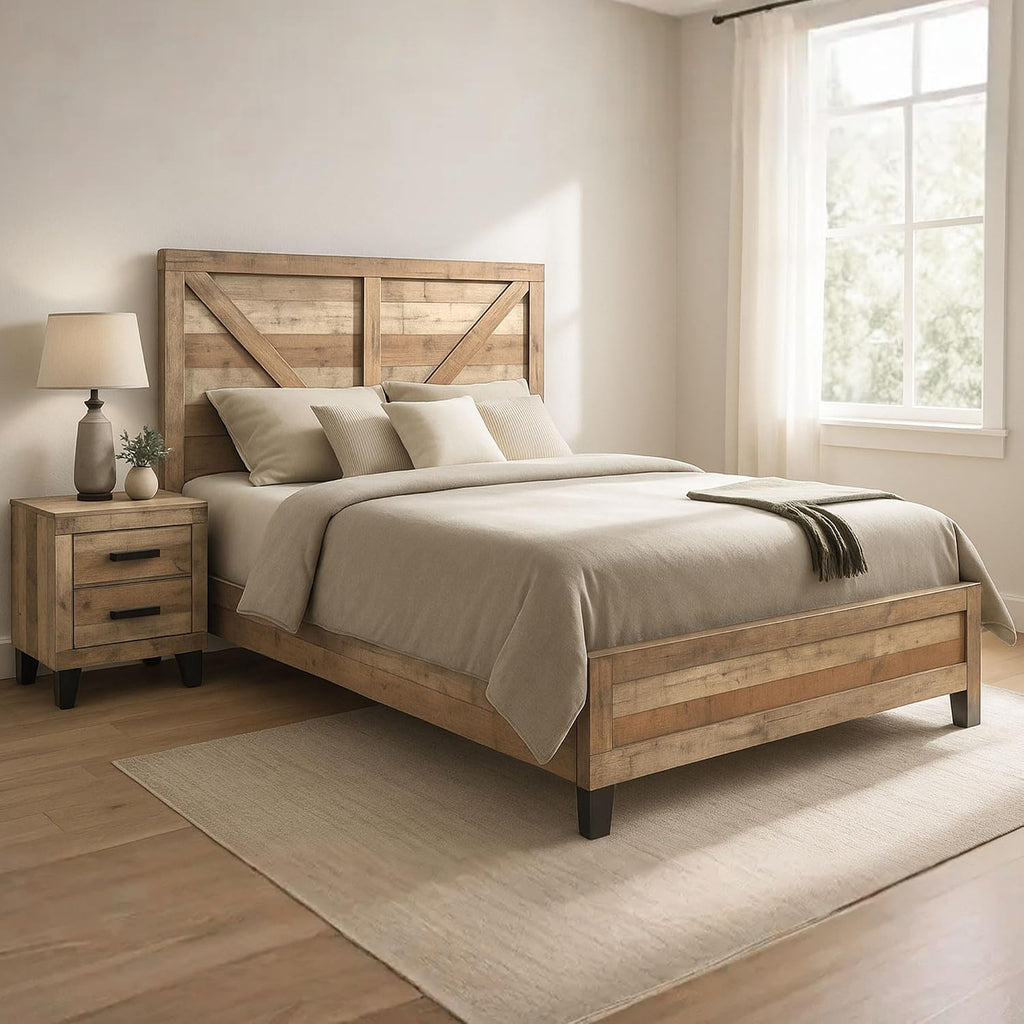 Kings Brand Furniture 2-Piece Antique Natural Bedroom Set – Wood Bed Frame and 1 Night Stand (Queen)