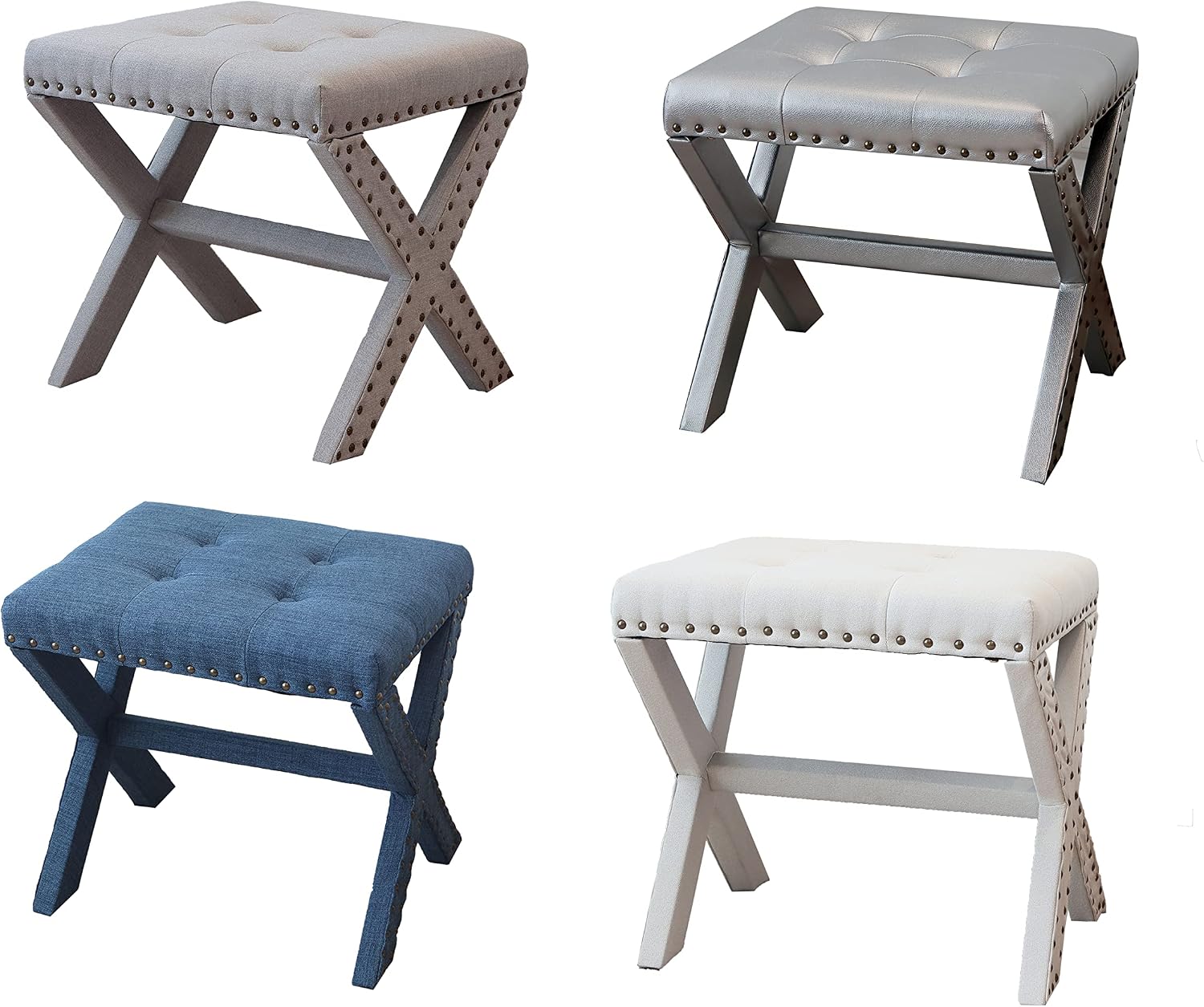 AC Pacific Modern Chic Vanity Stool Upholstered Chair with Soft Linen Fabric, Nailhead Trim, Tufted Seat and Solid Wood Frame, 17' D x 19' W x 20' H Set of 2, Beige