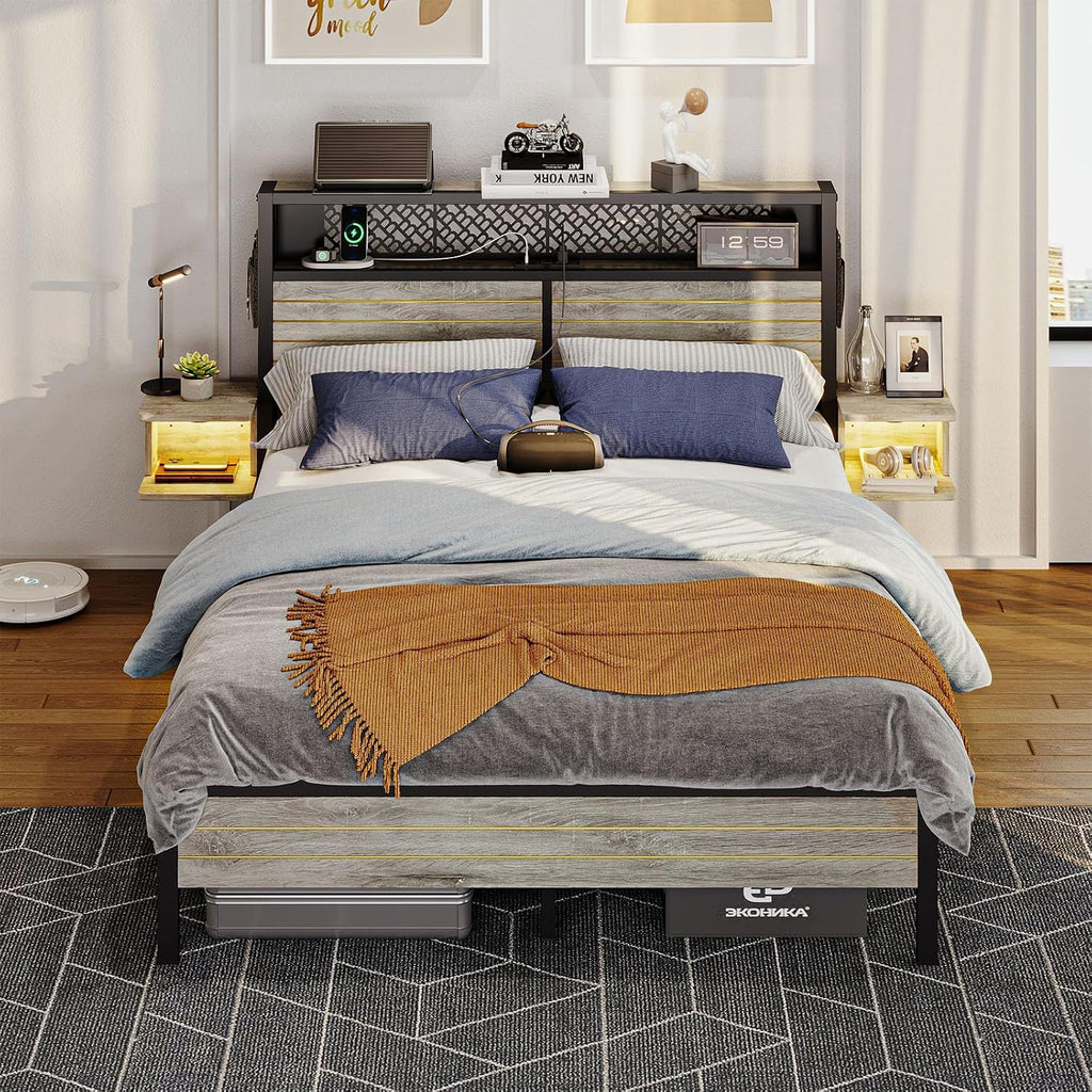 Bestier Queen Bed Frame with Horizontal Golden Stripe Storage Headboard&LED Nightstands, Metal Platform Bed with Charging Station, Heavy Duty Metal Slats, No Box Spring Needed, Noise Free(Grey Oak)