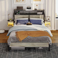 Bestier Queen Bed Frame with Horizontal Golden Stripe Storage Headboard&LED Nightstands, Metal Platform Bed with Charging Station, Heavy Duty Metal Slats, No Box Spring Needed, Noise Free(Grey Oak)