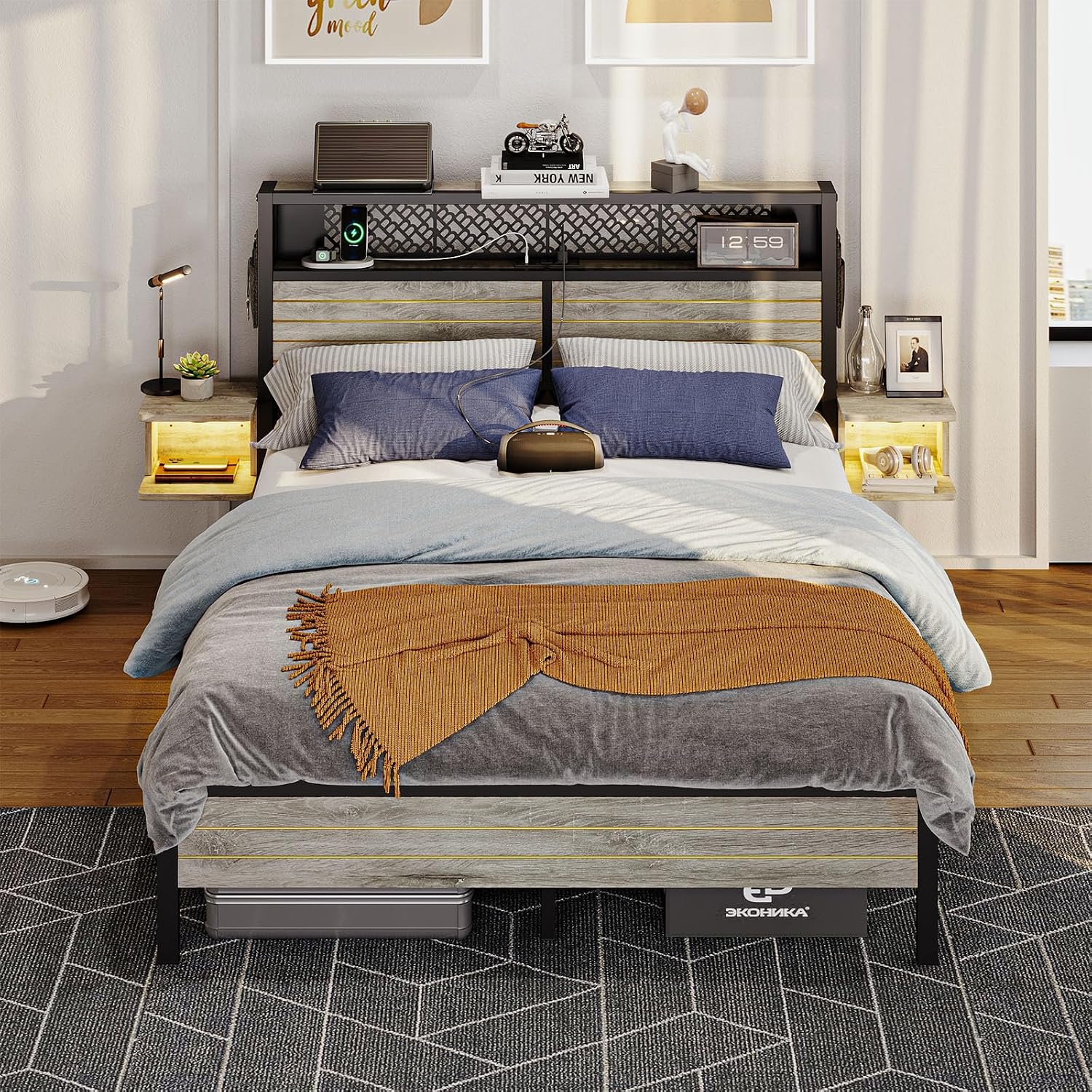 Bestier Queen Bed Frame with Horizontal Golden Stripe Storage Headboard&LED Nightstands, Metal Platform Bed with Charging Station, Heavy Duty Metal Slats, No Box Spring Needed, Noise Free(Grey Oak)
