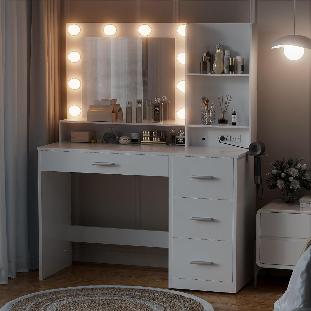 YESHOMY 39' Vanity Desk with Mirror & Lights, Makeup Vanity Table with Power Outlet & Storage Drawers, 3 Color LED Lighting, Dressing Table for Bedroom, Pure White