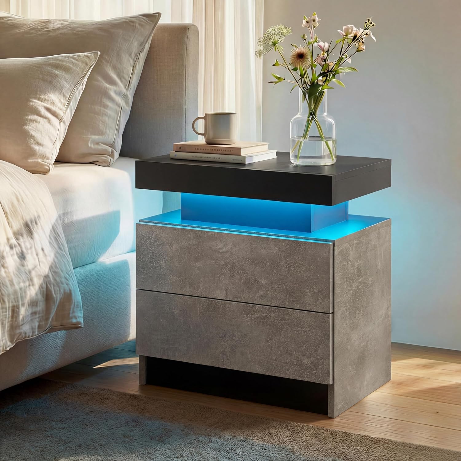 i-aplus Nightstand Set of 2 LED Nightstand with 2 Drawers, Bedside Table with Drawers for Bedroom Furniture, Side Bed Table with LED Light, Grey Black