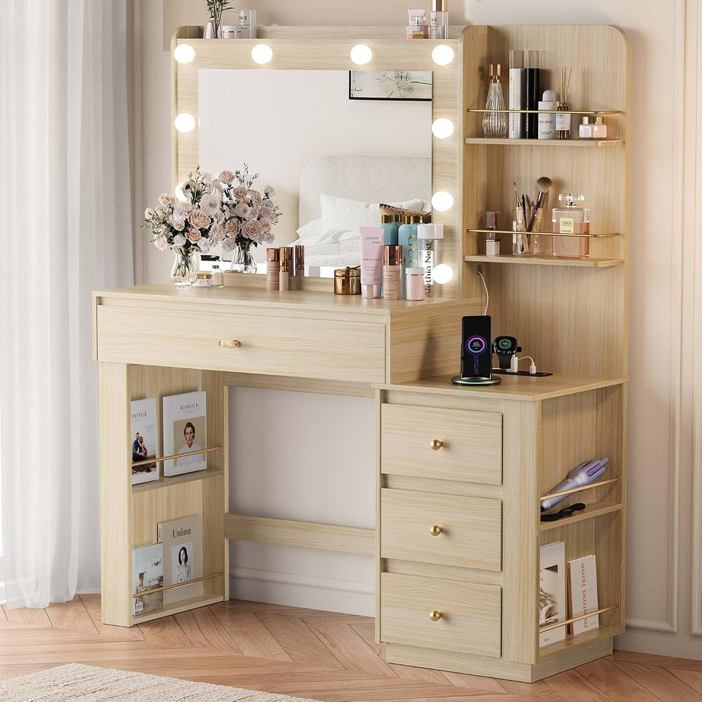 Makeup Vanity Desk with 3 Colors Lights and Mirror, Vanity Table with 10 LED Bulbs & Power Outlet, Large Dressing Table with 6 Storage Shelvess, 4 Drawer for Bedroom, Women and Girls, Oak