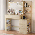 Makeup Vanity Desk with 3 Colors Lights and Mirror, Vanity Table with 10 LED Bulbs & Power Outlet, Large Dressing Table with 6 Storage Shelvess, 4 Drawer for Bedroom, Women and Girls, Oak