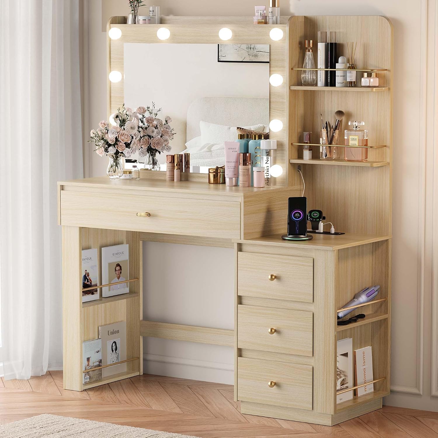 Makeup Vanity Desk with 3 Colors Lights and Mirror, Vanity Table with 10 LED Bulbs & Power Outlet, Large Dressing Table with 6 Storage Shelvess, 4 Drawer for Bedroom, Women and Girls, Oak