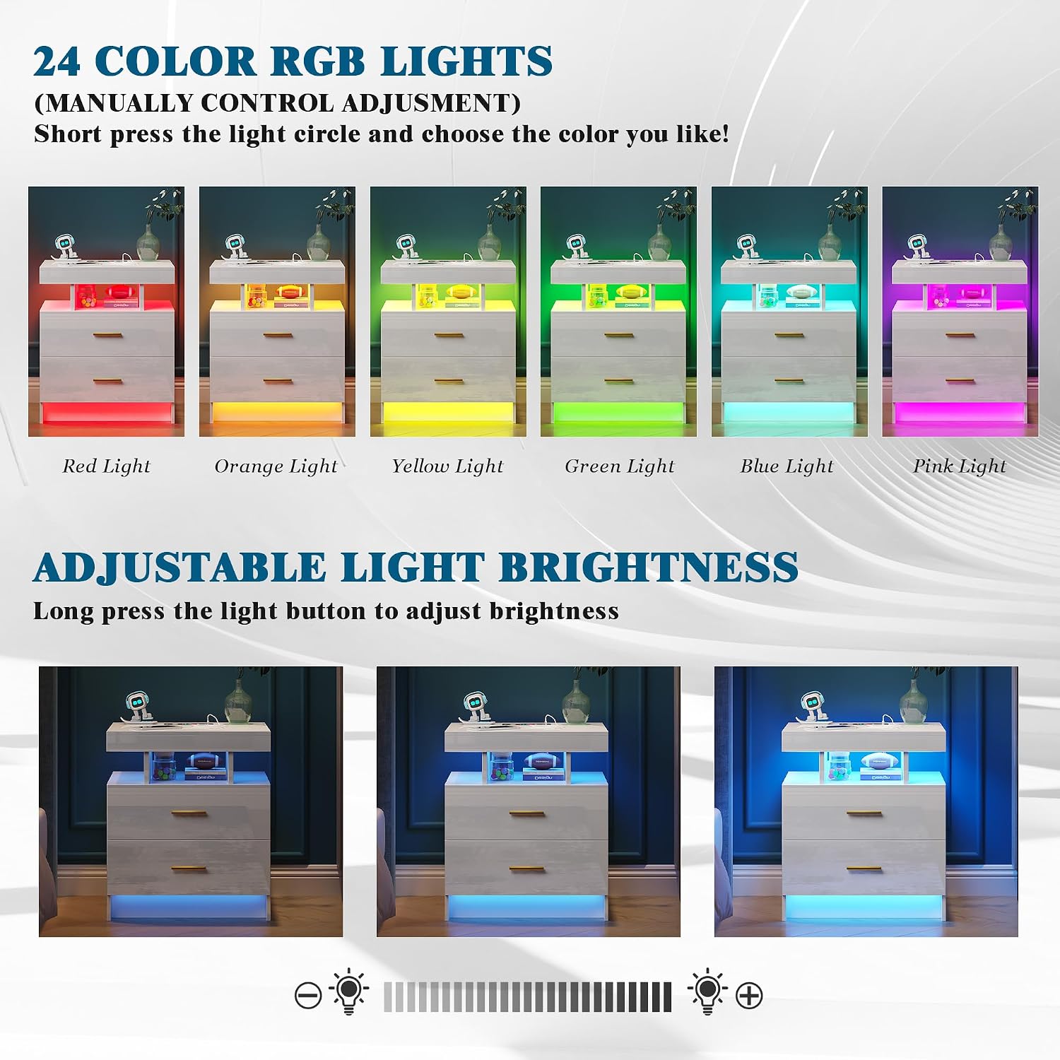 WOOVIVS Night Stand with Light, High Gloss Nightstand with USB/Wireless Charging Station, LED White Nightstands with Storage Drawers, RGB Side End Table for Bedroom Furniture（White