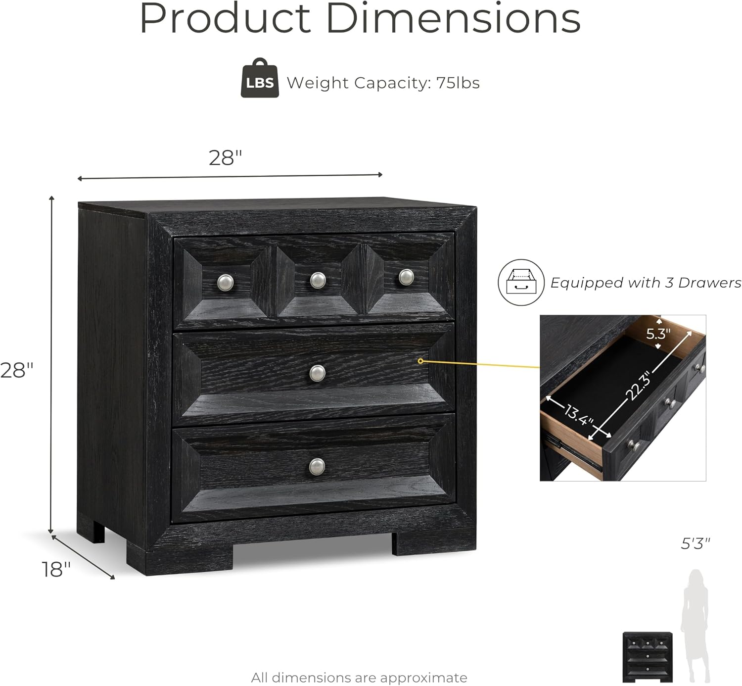 Furniture of America Dannen Modern Solid Wood 3-Piece Bedroom Set with Panel Bed, USB Charger and Felt-Lined Top Drawers on Nightstand, Box Spring Needed, King, Weathered Black