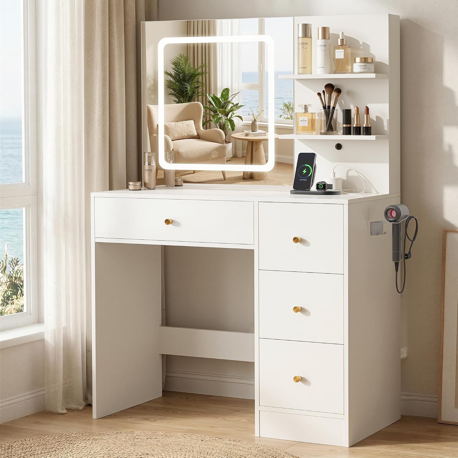 Makeup Vanity Desk with Mirror and Lights, 37' White Vanity Desk with Power Outlet & USB, 3 Modes Dimmable LED Mirror with 4 Drawers, Modern Vanity Table for Bedroom