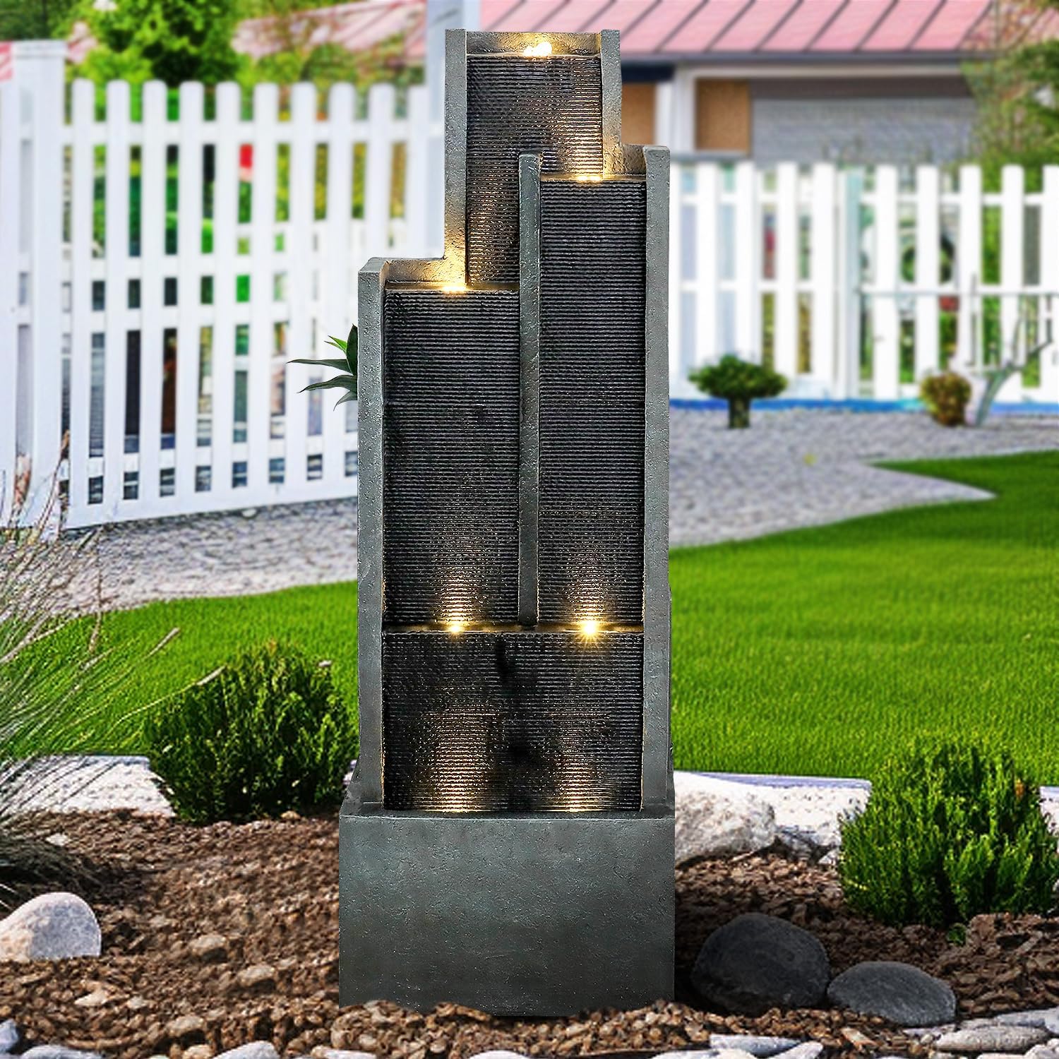 SunJet 4-Tier Modern Cascading Indoor/Outdoor Fountains and Waterfalls with LED Lights - 50.7' High Larger Water Fountain for Garden, Patio, Yard, and Deck Decor - Relaxing Water Fountain Outdoor