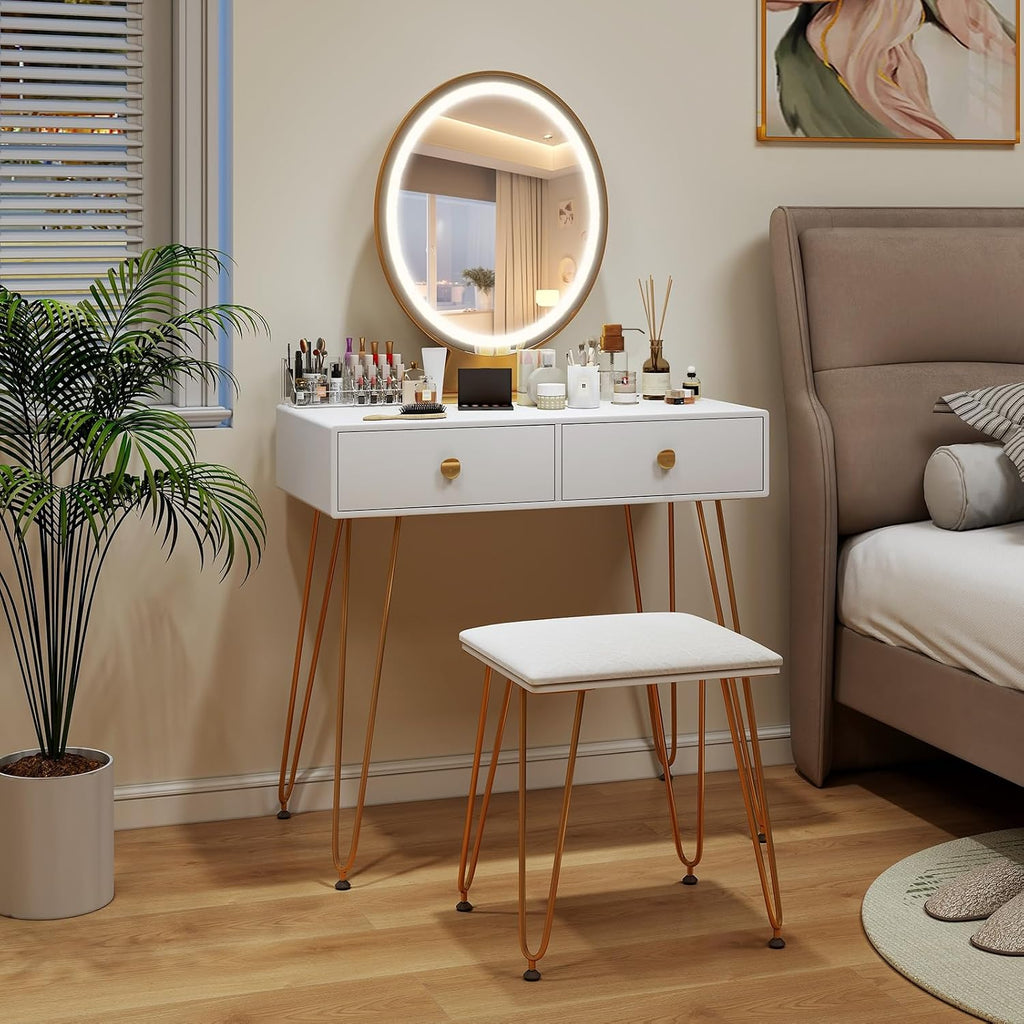 COSTWAY Vanity Desk with Mirror and Lights, Makeup Dressing Table Set w/ 3 Color Lighting Modes & Adjustable Brightness, Vanity Mirror with Desk and Stool for Bedroom Small Spaces (White)