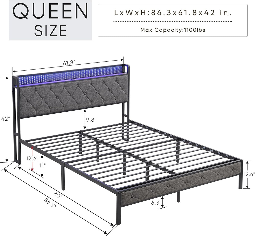 Queen Size Bed Frame with Storage Headboard, Charging Station and LED Lights, Upholstered Platform Bed W/Heavy Metal Slats, Noise Free, No Box Spring Needed, Dark Gray